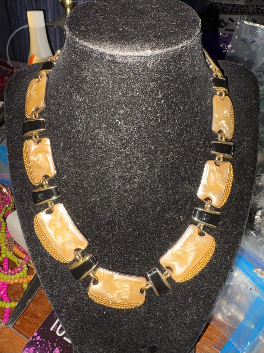 Gold-Tone and Black Rectangular Link Necklace